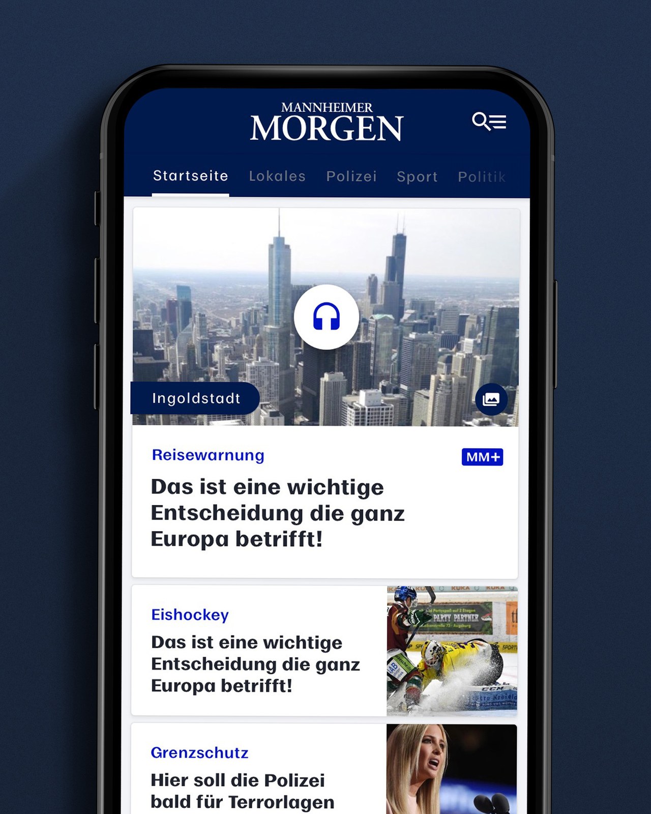The Mannheimer Morgen app, showing the home feed