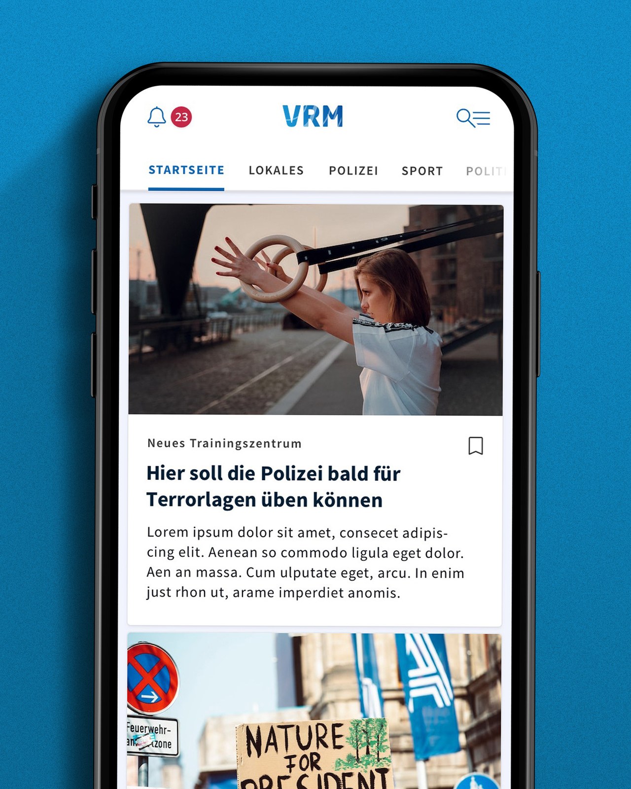 A VRM title in the app, showing the local news feed