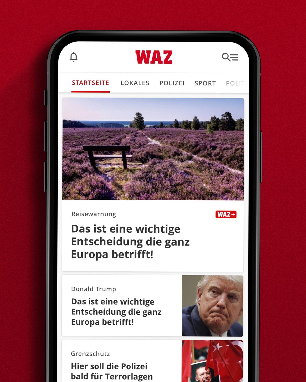 The WAZ app, showing the regional home feed