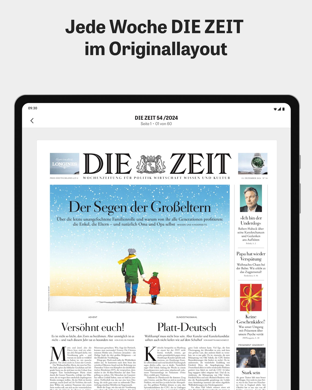 The DIE ZEIT e-paper on a tablet, showing the front page in its original layout