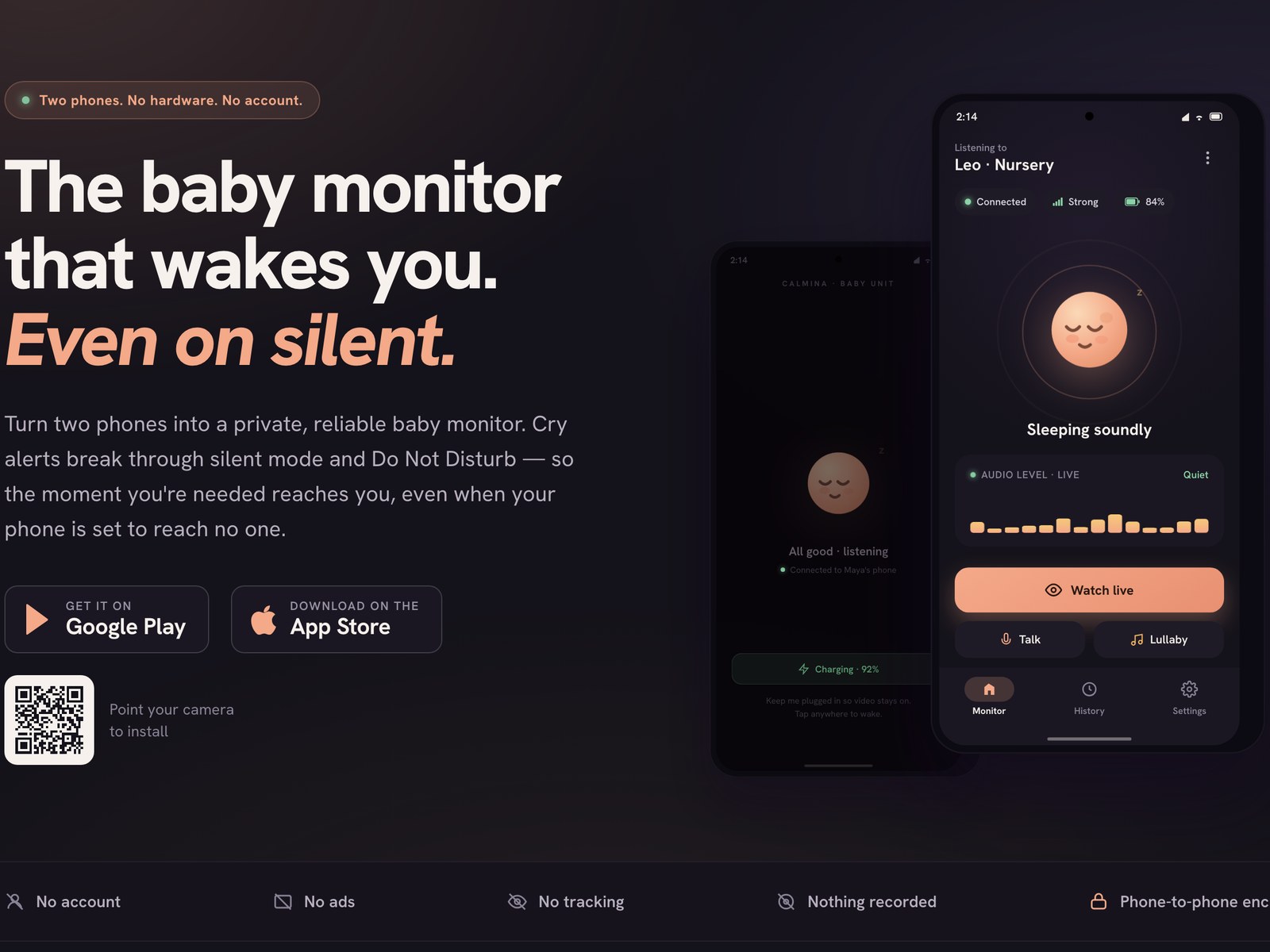 Calmina on two phones: the baby unit listening in the background, the parent view showing a sleeping baby, connection strength and a live audio level